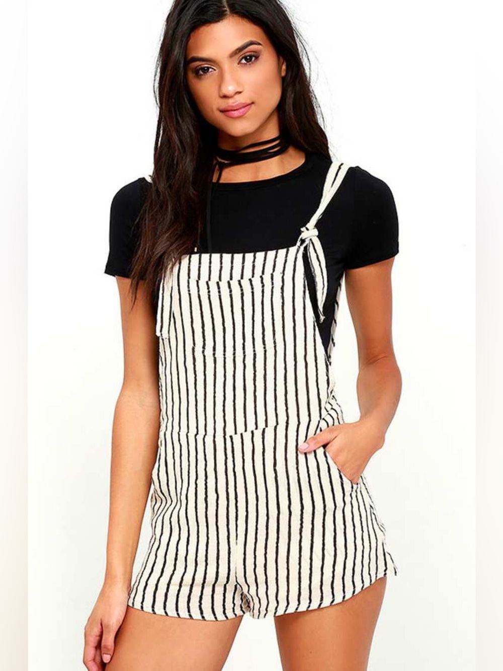 Billabong Sunny Dazer Black and Cream Striped Romper